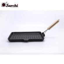 10.3 inch Square cast iron grill pan with wooden handle